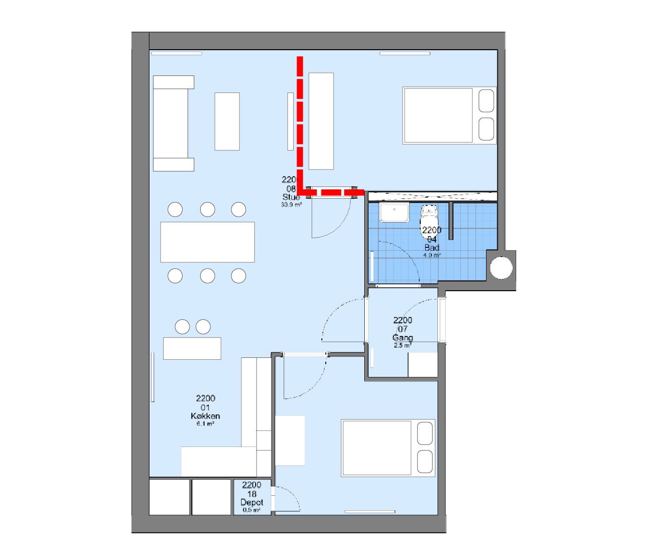 Plantegning med eksempel på ekstra værelse og forslag til indretning. Dette er blot til illustration og er ikke målfast.